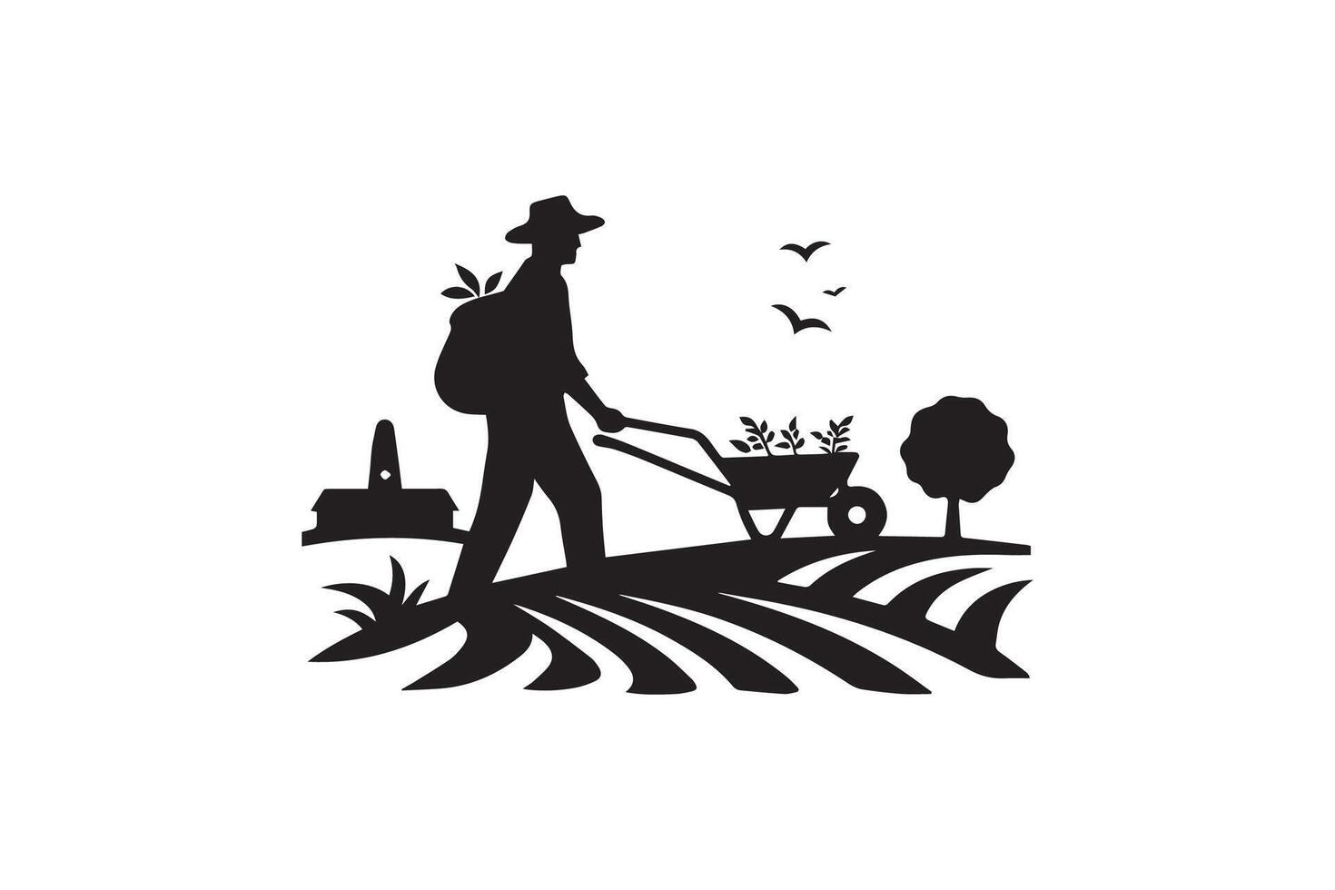 Farmer with wheelbarrow and tractor, silhouette on white background vector