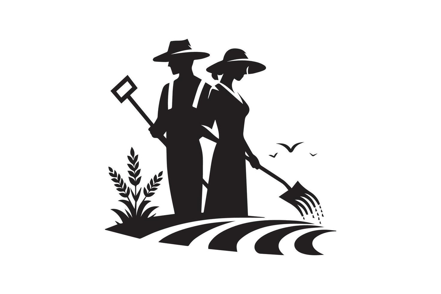 A silhouette of a man and woman with a rake vector