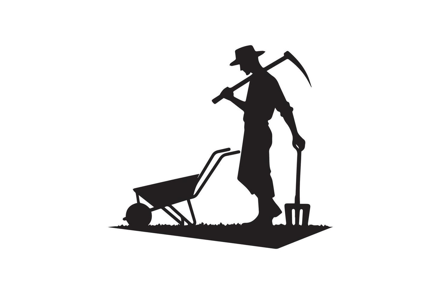 A silhouette of a man with a wheelbarrow and a shovel vector