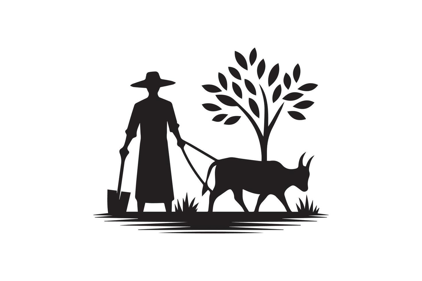 Farmer with his ox and cow, silhouette illustration vector