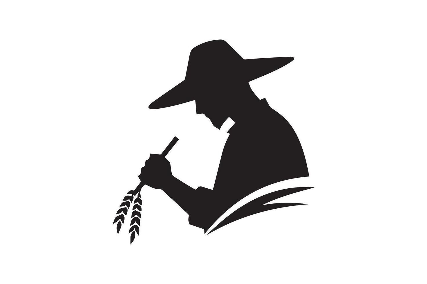 A silhouette of a man in a hat and hat holding a stalk of wheat vector