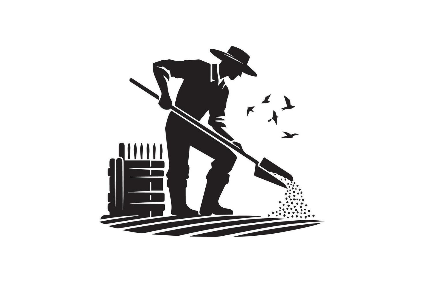 Farmer with shovel and bucket, black and white silhouette vector