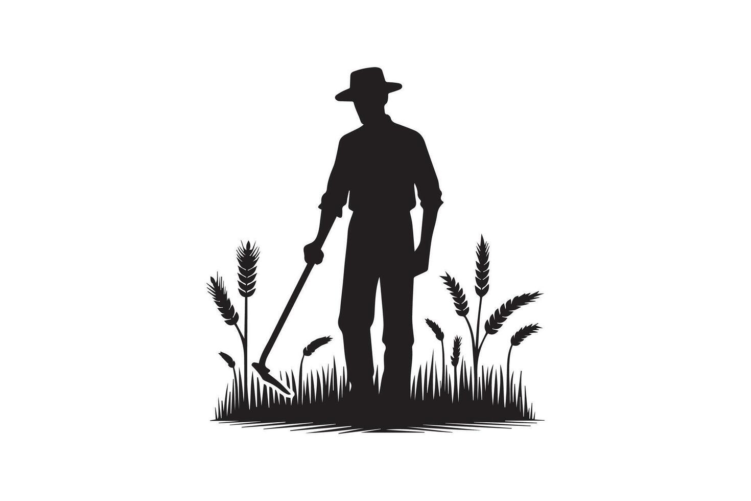 Farmer with hat and plow in wheat field vector