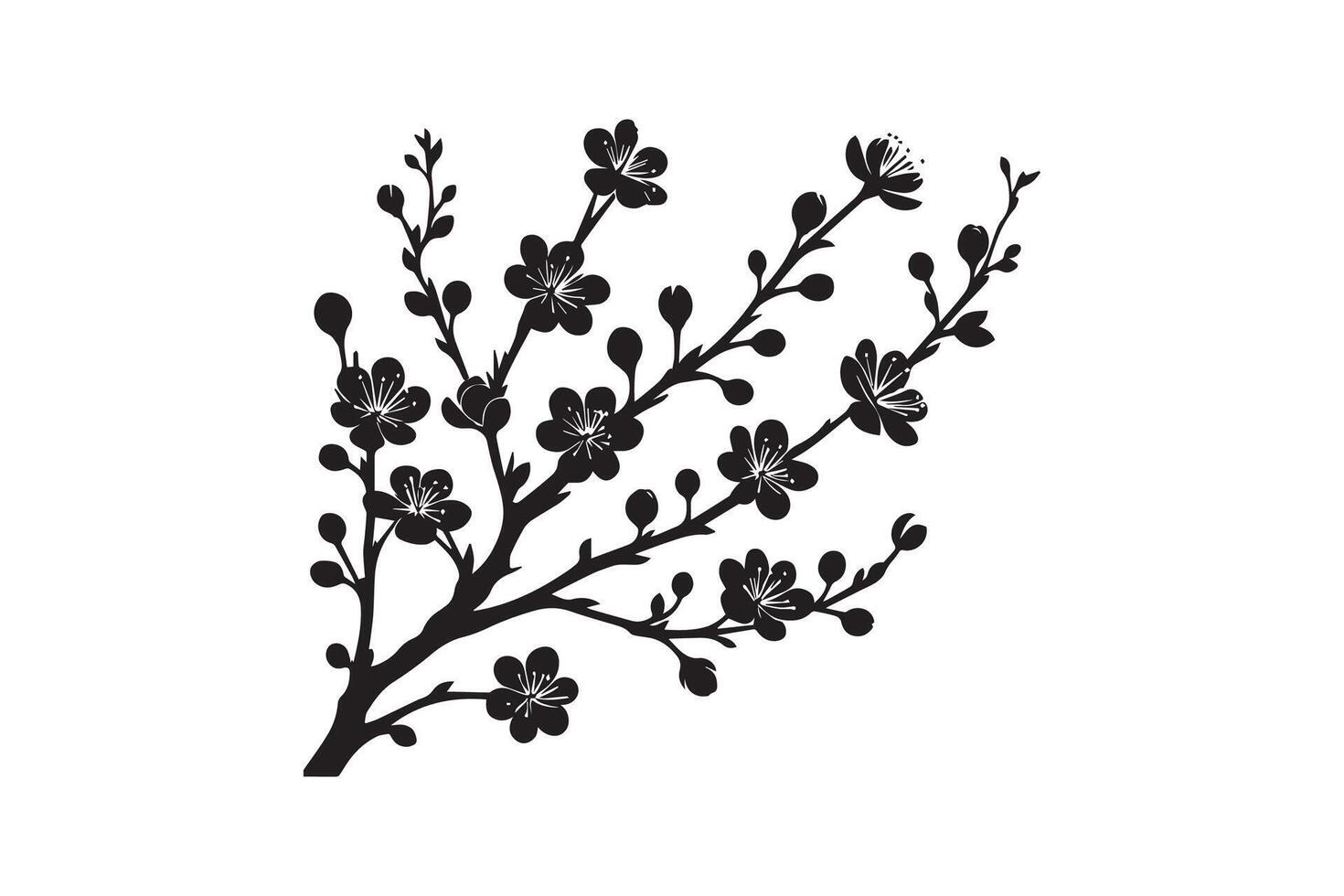 A black and white illustration of a branch with flowers vector