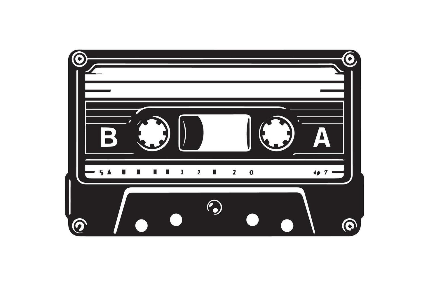 An old cassette player is shown in black and white vector