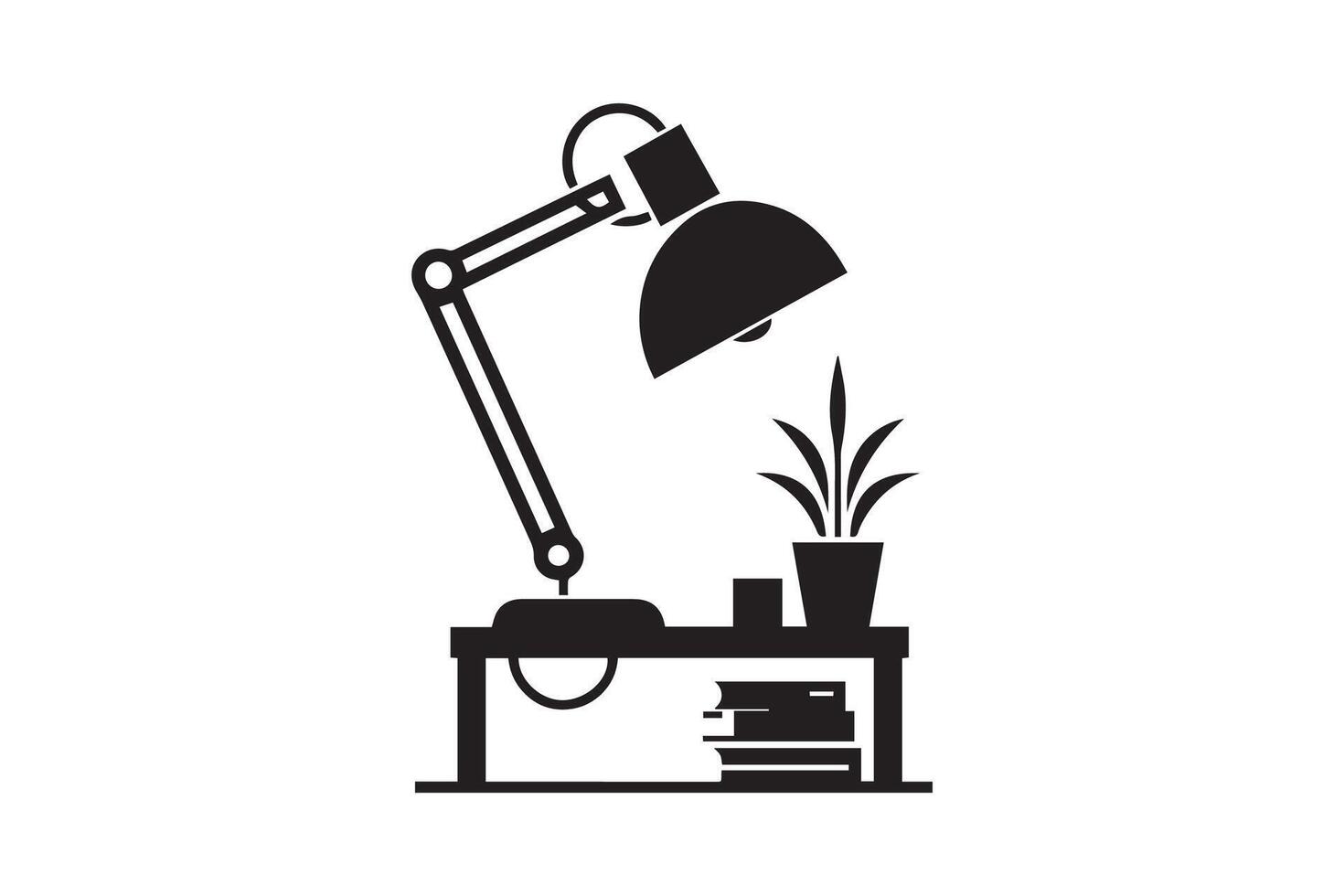 A black and white illustration of a lamp and desk vector