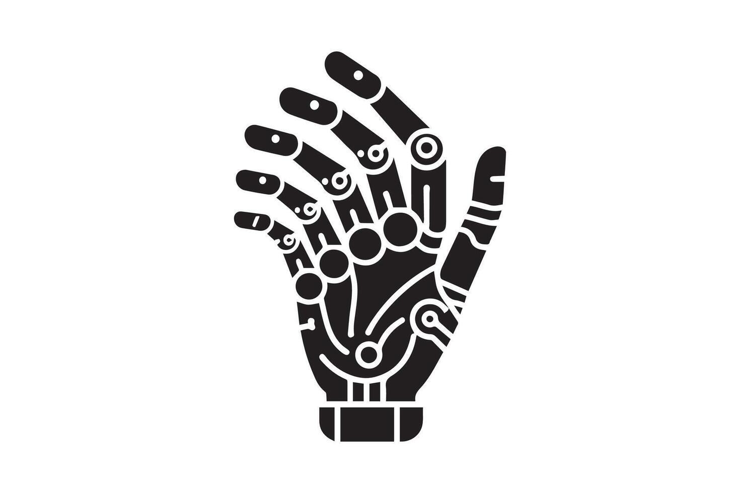 The hand of a robot is shown in black and white vector