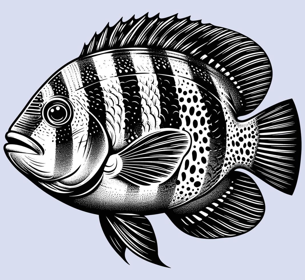 Artistic Fish Illustration in Black and White with Bold Stripes and Spots vector