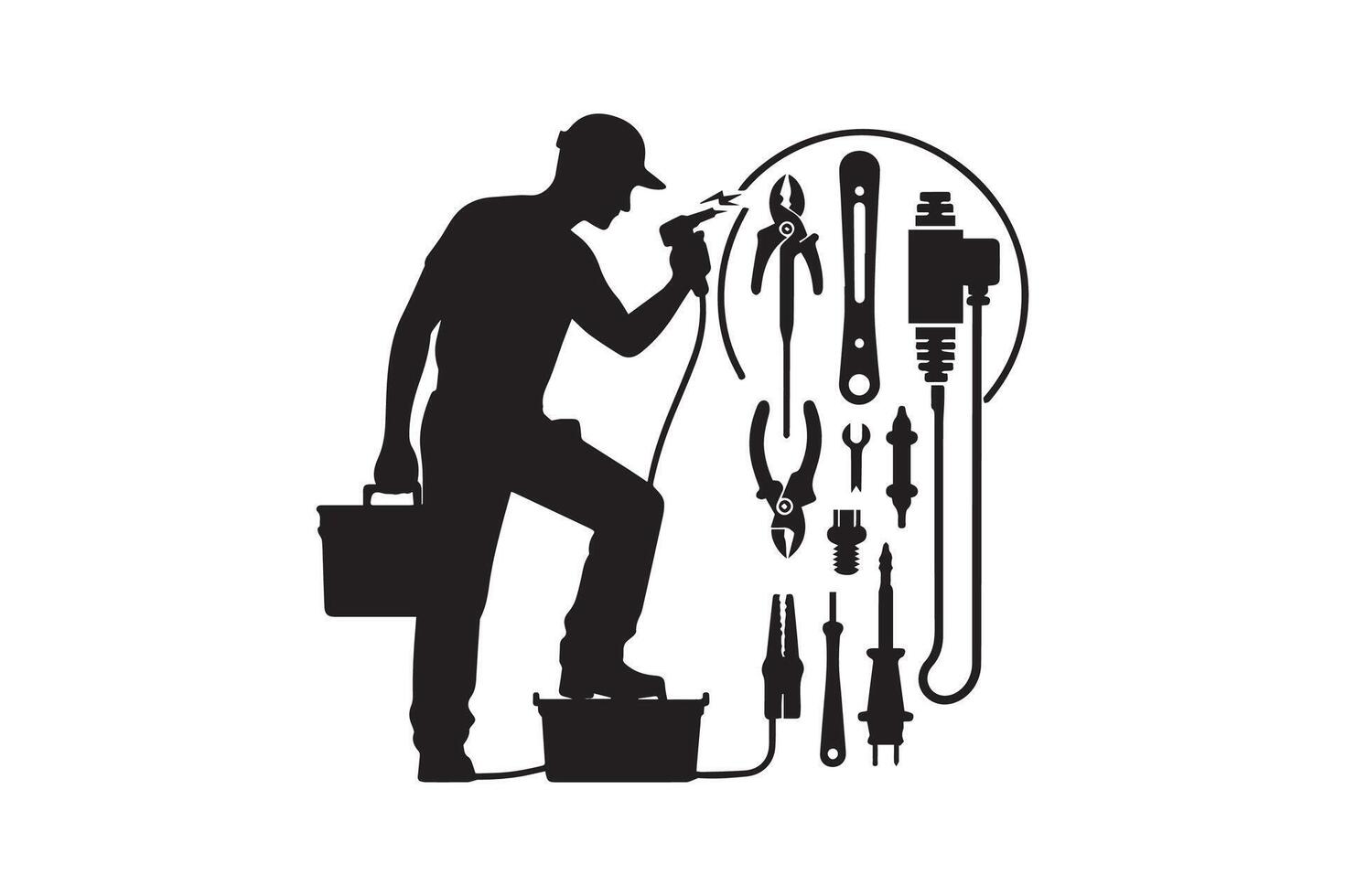 A silhouette of a man holding tools and tools vector