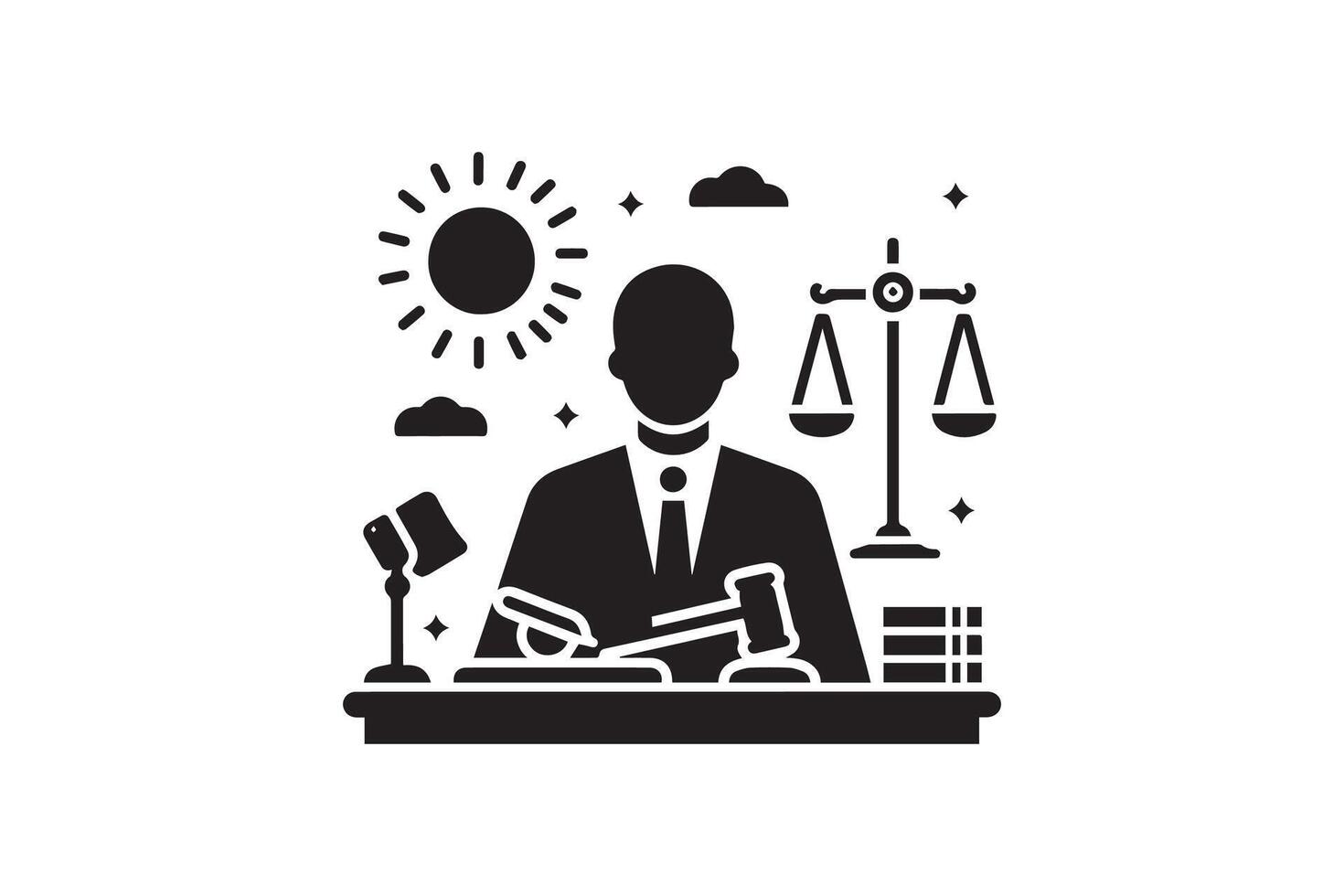 A black and white illustration of a judge sitting at a desk vector