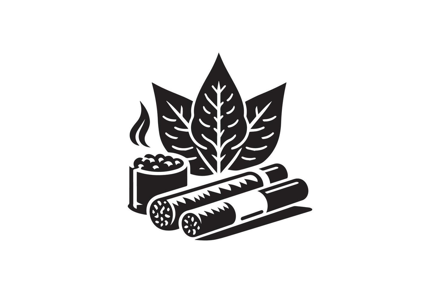 A black and white logo of a cigarette and a leaf vector