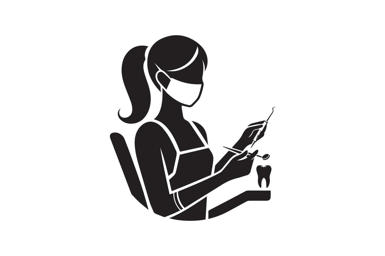 A woman in a surgical mask is sitting at a desk vector