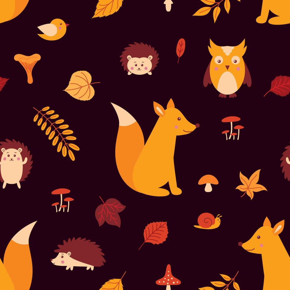 Seamless pattern with forest animals and autumn leaves vector
