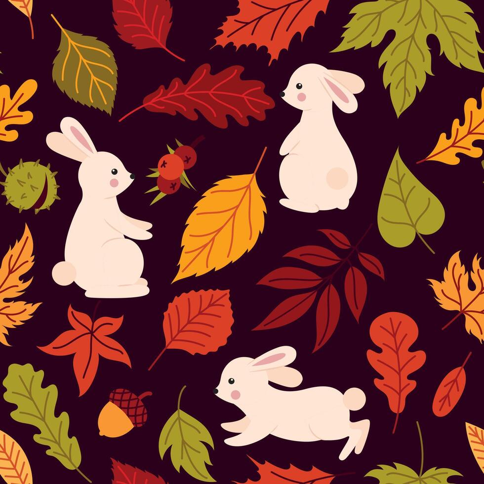 A pattern with rabbits and autumn leaves vector