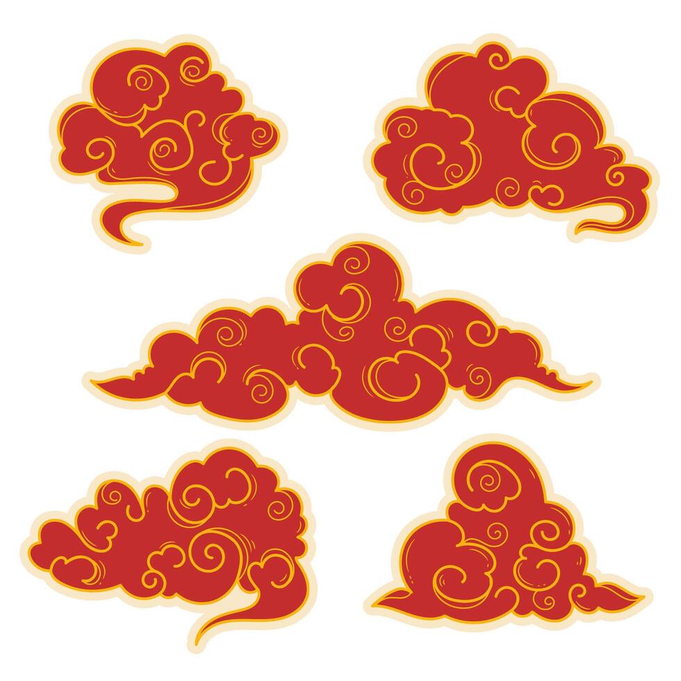 Hand drawn linear oriental clouds. Chinese cloud element collection. Elegant clouds and waves in Japanese style. Asian traditional ornaments. vector