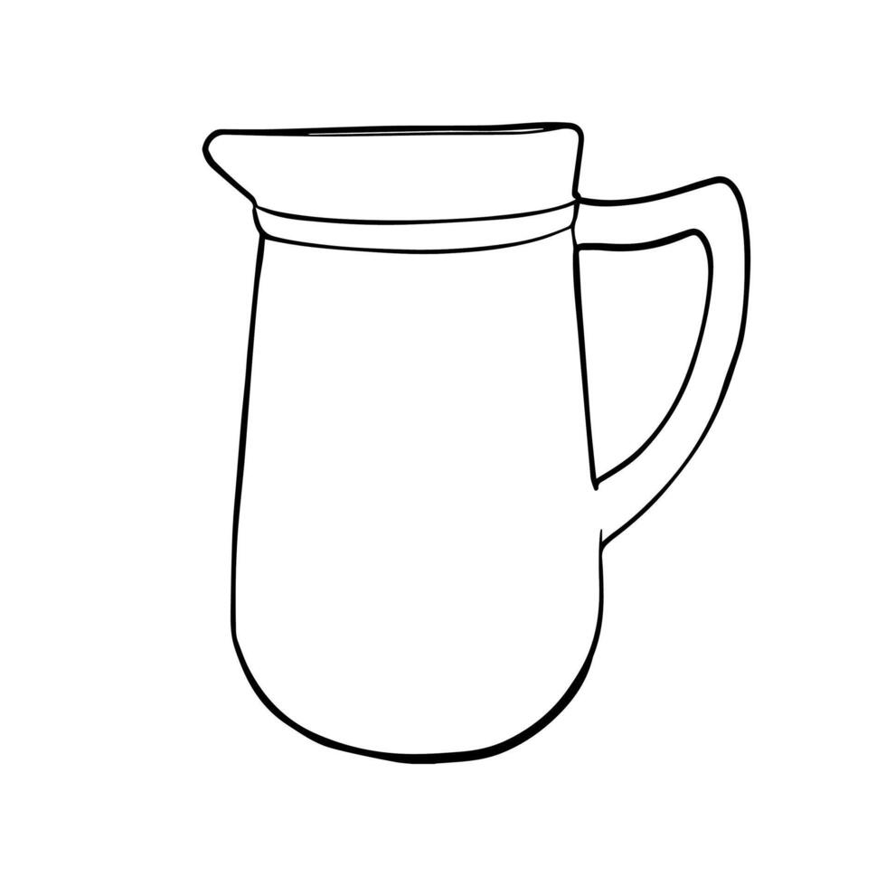 Jug hand drawn illustration on isolated background. Sketch in line art style painted by black inks. Graphics outline element of kitchenware. Sketch vector