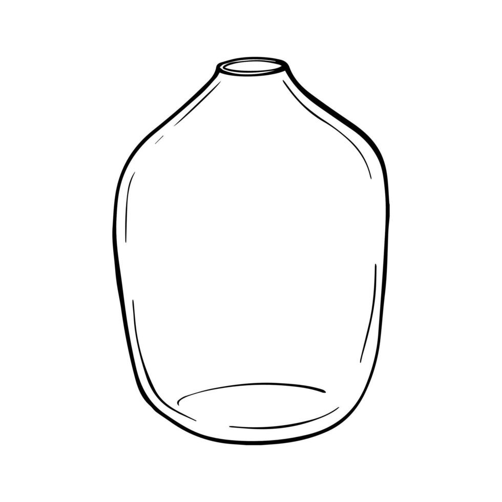 Glass Vase graphic. Hand drawn illustration of transparent bottle painted by black inks. Engraving on isolated background. Contour Sketch in line art style. Object EPS vector