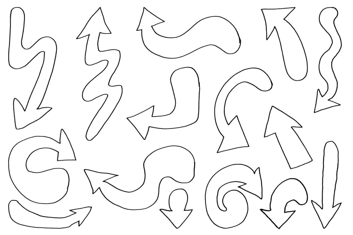 Set of hand drawn arrows with curvy lines. Colorful dry brush strokes with grunge. Hand drawn isolated wavy pointers. vector