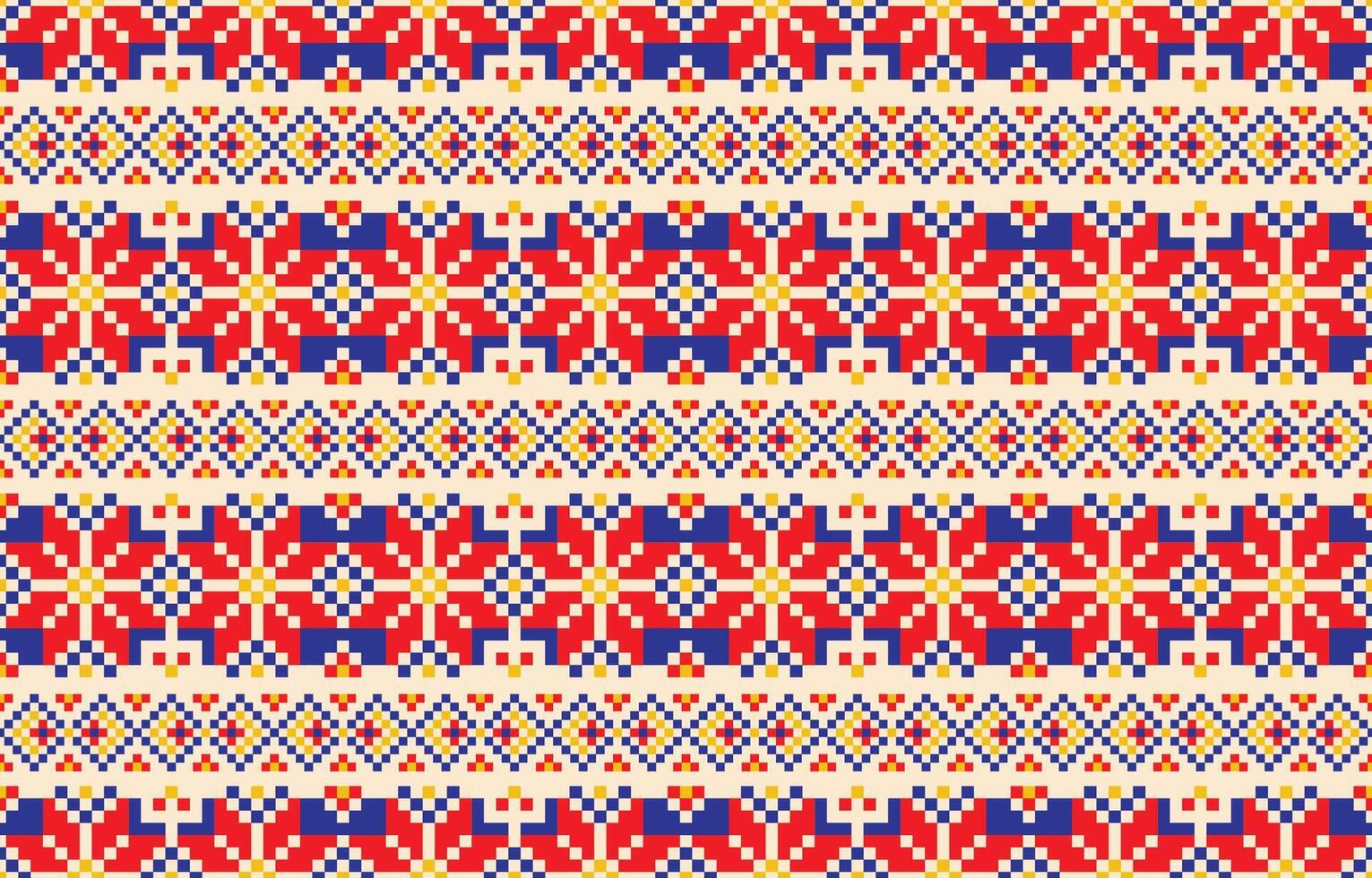 Fabric pattern geometric design in shades of red, blue, yellow, and cream. Graphic pattern design by retro geometric indian fabric colorful ornament african print aztec cross-stitch cross carpet. vector