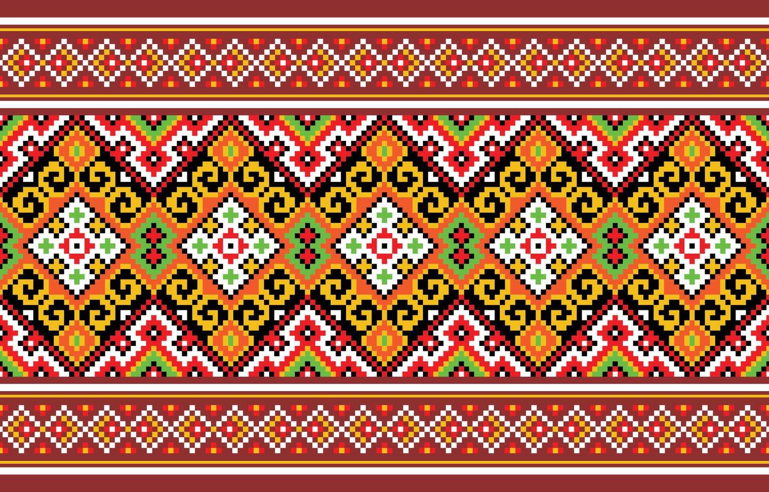Colorful ethnic design. A rich tapestry of geometric shapes in red, orange yellow black and white creates a stunning ethnic pattern. vector