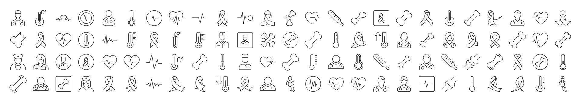 Simple Linear Illustration of Medicine. Contains Icons of Pink Ribbon, Thermometer, Bone, Doctor, Ill, Cardiogram that Can Be Used for Design of Cards, Posts, Apps, Web Sites vector