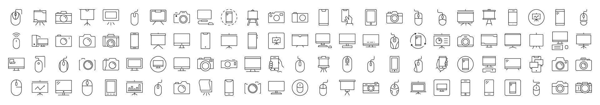 Collection of Devices Related Line Icons. Editable Stroke for Design, Web Sites, Apps, Cards. Contains Linear Images of Phone, Photo Camera, Computer Mouse and PC vector