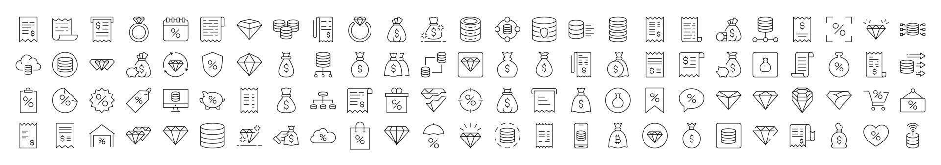 Dollar, Receipt, Diamond, Percent Outline Web Line Icons Collection. Editable Stroke. Minimalistic Linear Pictogram for Design of Cards, Apps, Banners, Posts vector