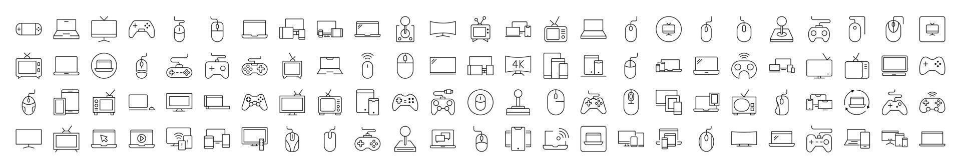 Pack of Devices Related Line Icons. Editable Stroke for Design, Web Sites, Apps, Cards. Contains Linear Images of Computer, Mouse, Joystick, TV vector