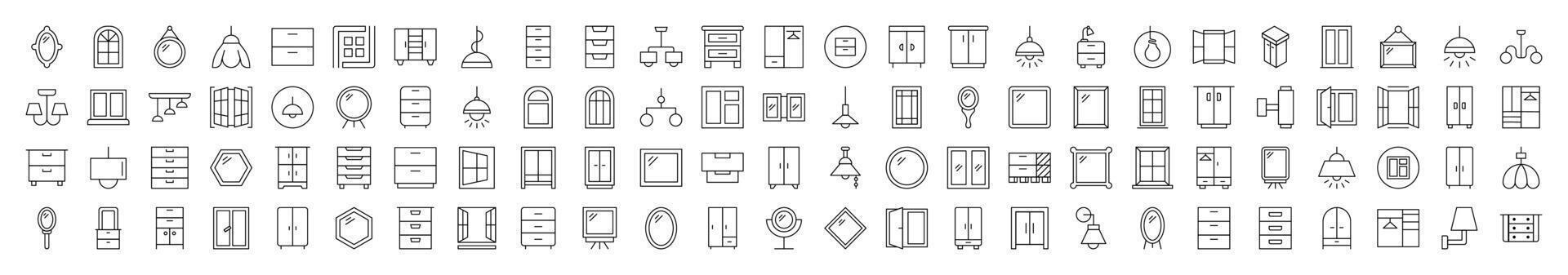 Window, Lamp, Mirror, Dresser, Chandelier Bundle of Thin Icons. Editable Stroke. Suitable for Web Sites, Books, Cards, Apps vector