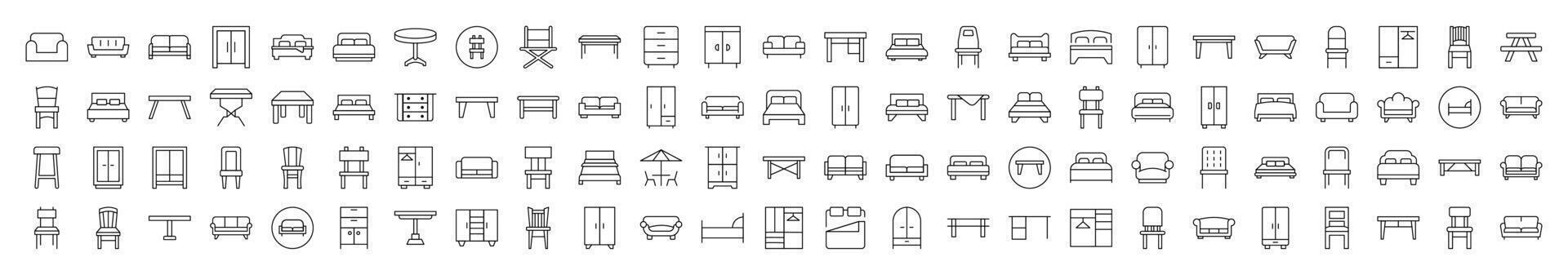 Couch, Sofa, Table, Chair Line Icon Bundle. Editable Stroke. Minimalistic Linear Pictogram for Design of Cards, Apps, Banners, Posts vector