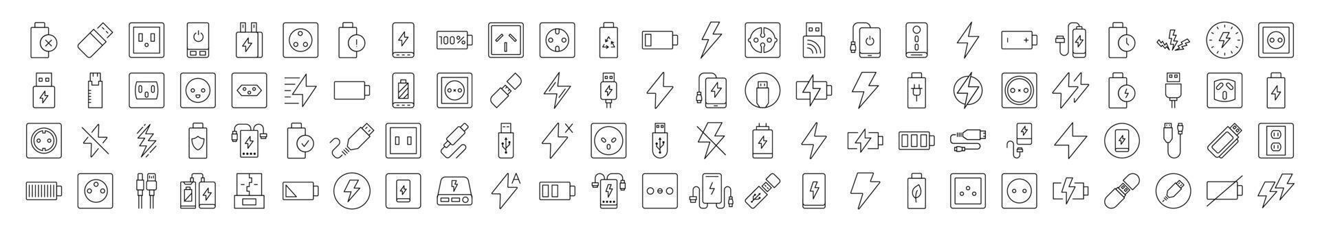 Battery, USB Cable, Charger, Outlet Outline Style Icons for Design, Cards, Apps, Social Networks vector