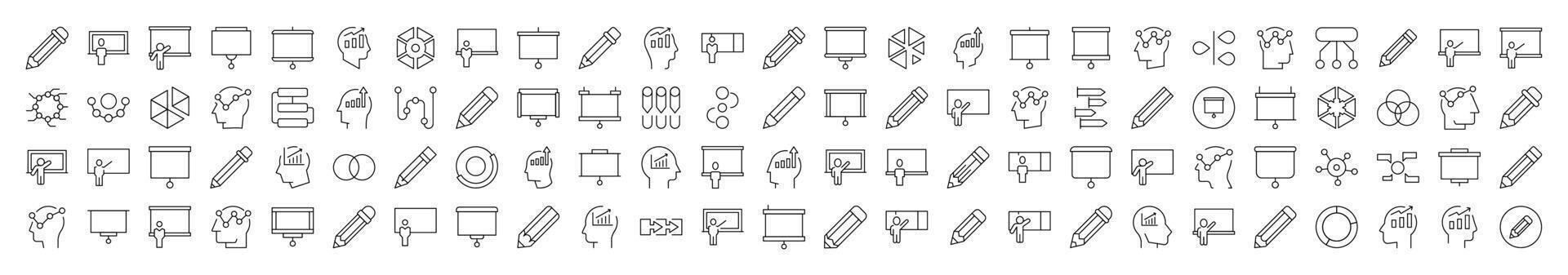 Presentation, Brainstorm, Pencil, Diagram Line Icon Pack. Editable Stroke. Minimalistic Linear Pictogram for Design of Cards, Apps, Banners, Posts vector