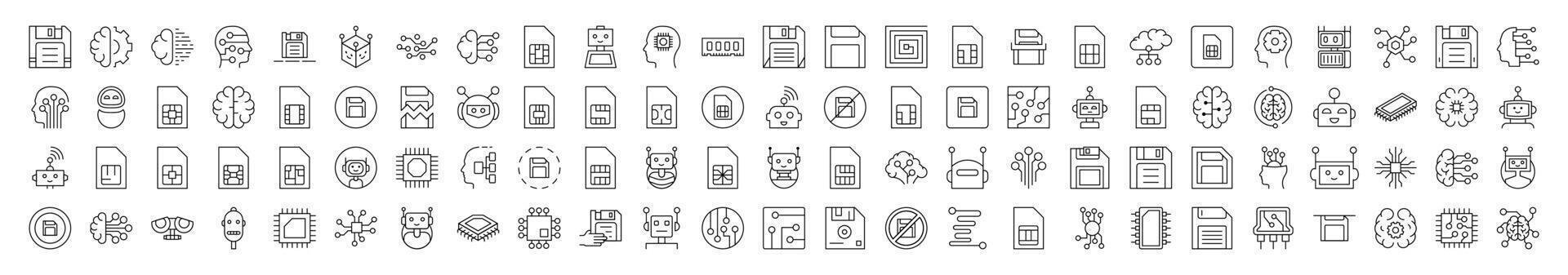 Technology Line Icon Set. Contains Icons of Brain, Chip, Robot, Artificial Intelligence that Can Be Used for Design of Cards, Posts, Apps, Web Sites vector