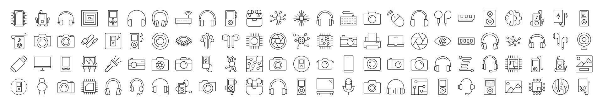 Bundle of Sound and Related Line Icons. Editable Stroke for Design, Web Sites, Apps, Cards. Contains Linear Images of Chip, Headphones, Camera, Memory Card vector