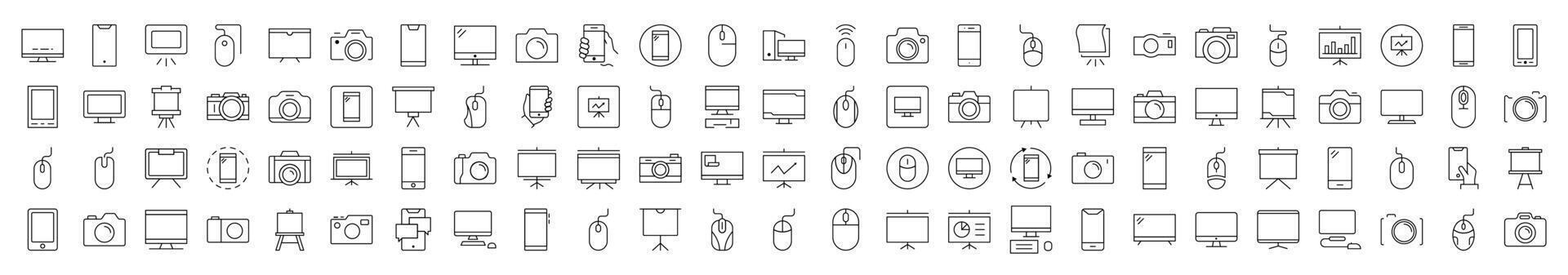 Pack of Devices Related Line Icons. Editable Stroke for Design, Web Sites, Apps, Cards. Contains Linear Images of Phone, Photo Camera, Computer Mouse and PC vector