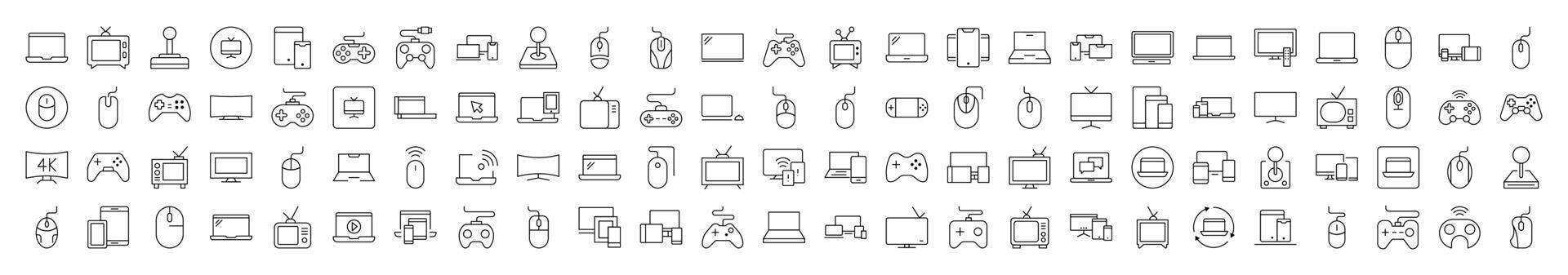 Devices Line Icon Set. Modern Collection for Design, Web Sites, Apps, Cards. Contains Linear Images of Computer, Mouse, Joystick, TV vector