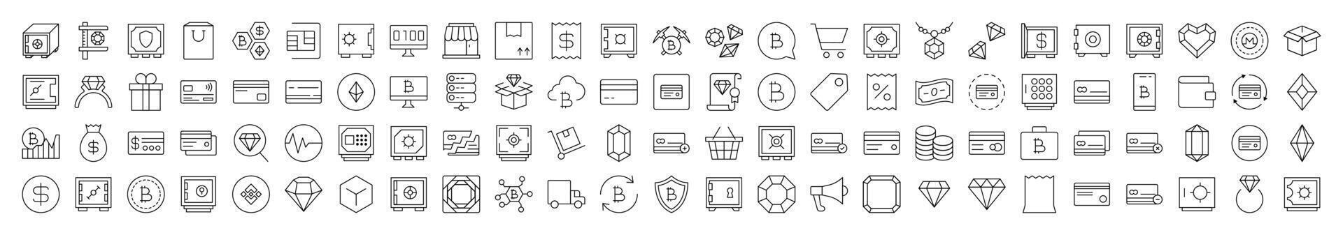 Pack of Banking and Money Related Line Icons. Editable Stroke for Design, Web Sites, Apps, Cards. Contains Linear Images of Shopping Cart, Bank, Diamond vector