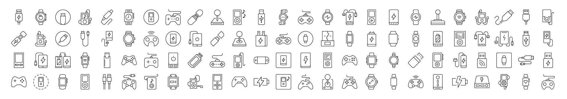 Joystick, Gamepad, Charger, Watch, Flash Card, USB Related Line Icons for Web Sites, Books, Cards, Apps. Editable Stroke. Suitable for Web Sites, Books, Cards, Apps vector