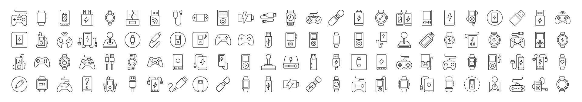 Joystick, Gamepad, Charger, Watch, Flash Card, USB Set of Thin Icons. Editable Stroke. Suitable for Web Sites, Books, Cards, Apps vector