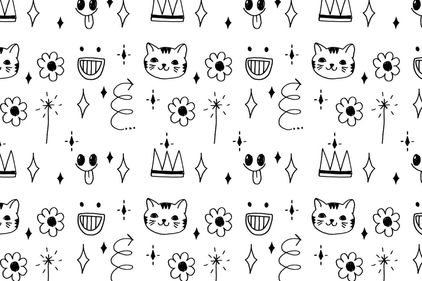 Hand drawn cute pattern with simple retro doodle elements. Repeatable scribble drawings vector