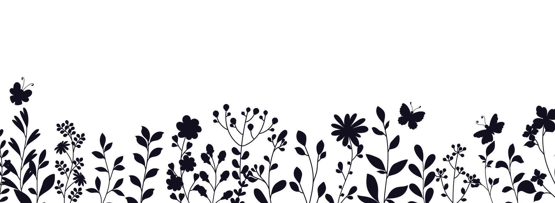 Hand drawn flowers on a white background, floral banner decorated with wild silhouettes of flowers and leaves. vector