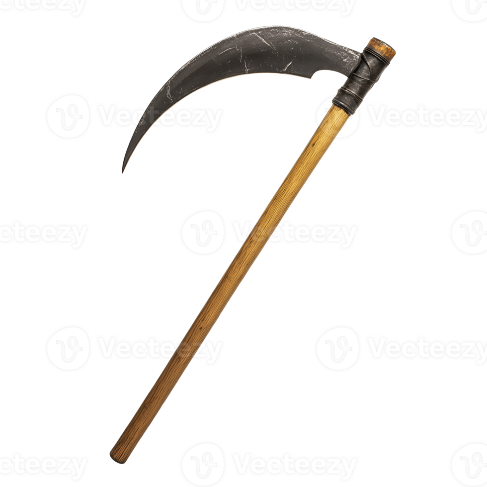 reapers scythe with a long curved blade and wooden handle on isolated background png