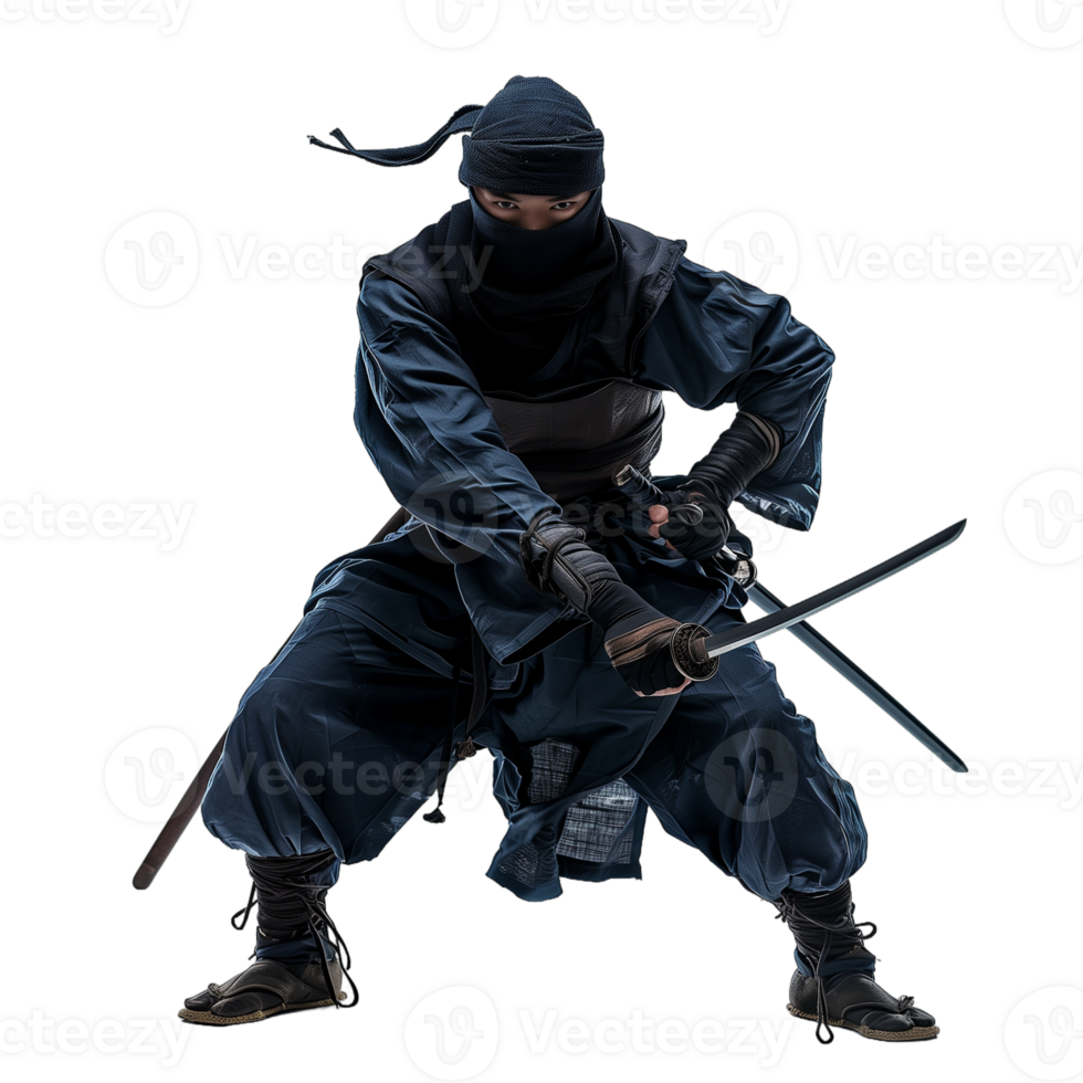 Japanese Ninja In Guard Pose Holding Sword on Transparent Background png