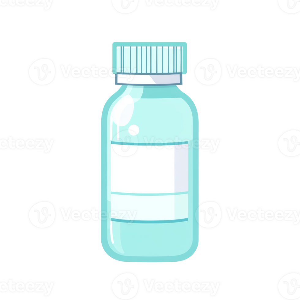 A cartoon illustration of a light blue bottle with a white label and a white lid. png