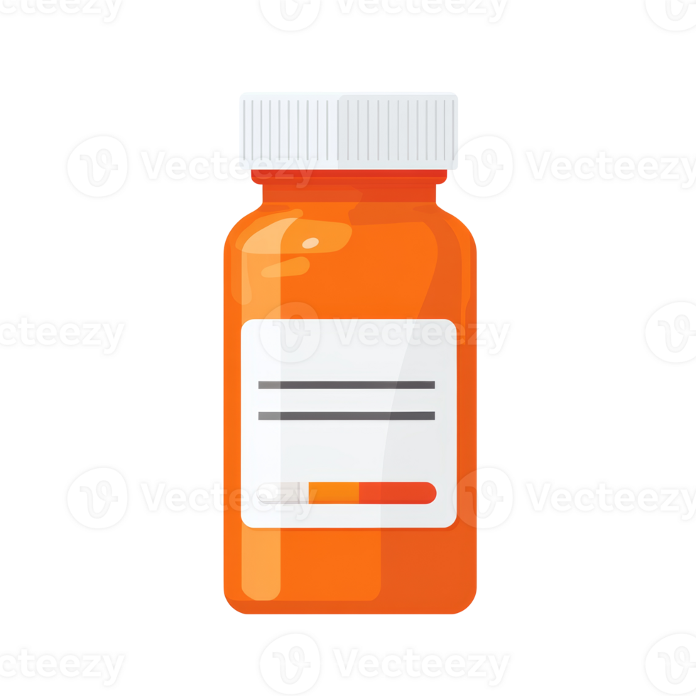 An orange pill bottle with a white cap and label. png