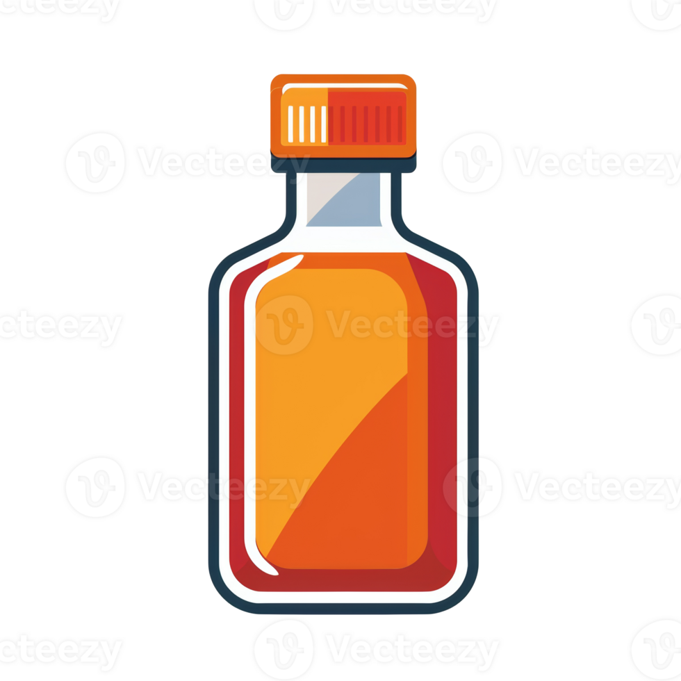 Flat illustration of a bottle with orange liquid and a red cap. png