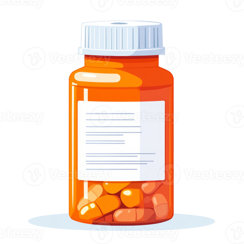 Orange pill bottle with white cap and label, filled with orange pills. png