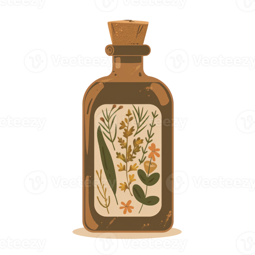 Glass bottle with cork stopper and a variety of flowers and herbs inside. png