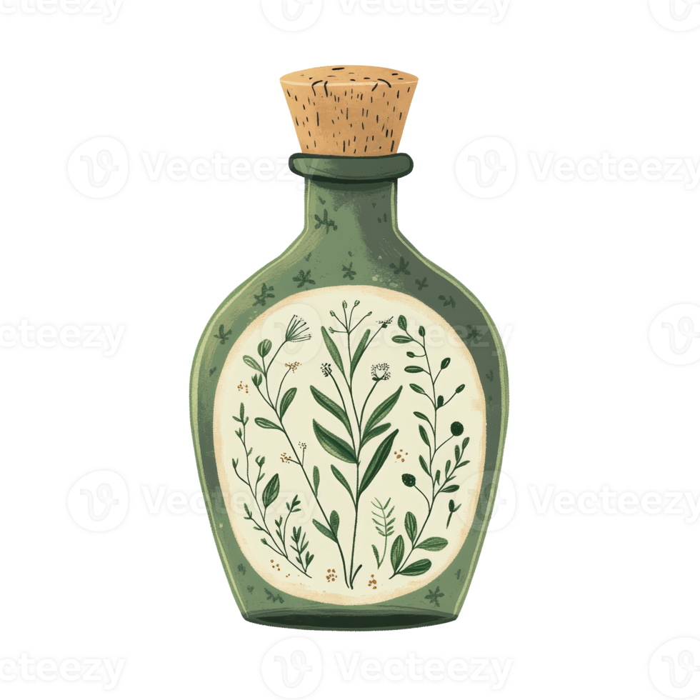 Green glass bottle with cork stopper filled with herbs and flowers. png