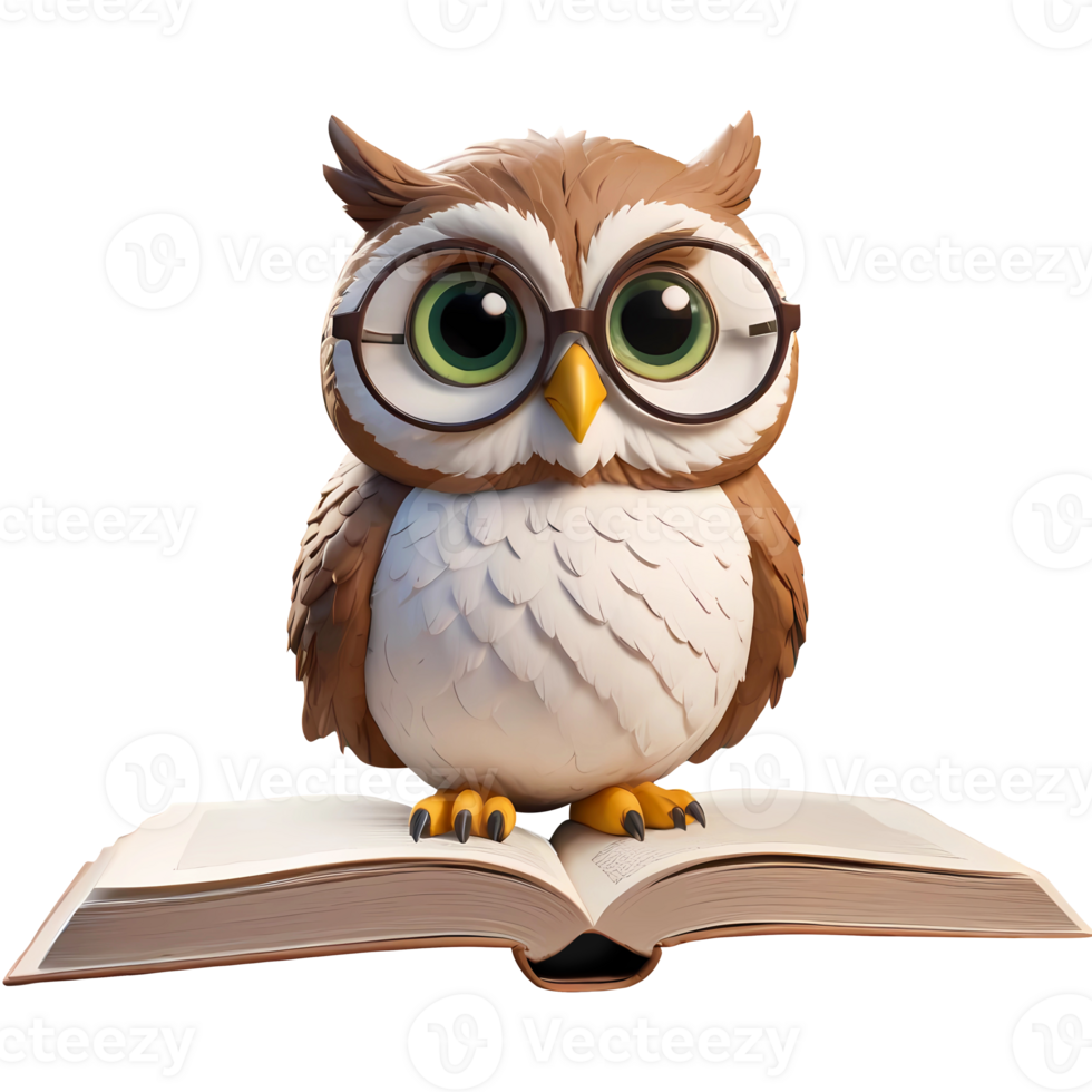 3d rendering owl cartoon character with glasses standing on open book png
